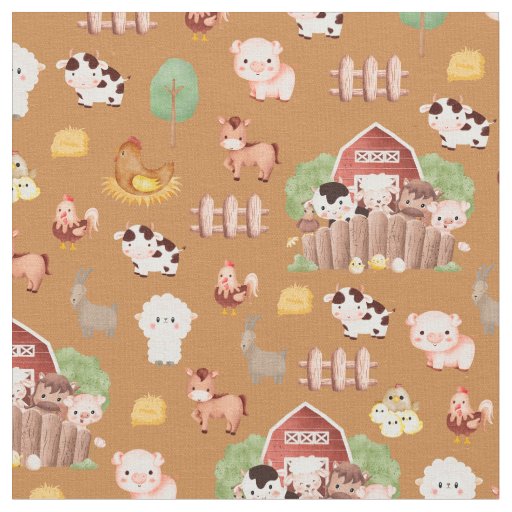 Farm Animals on Caramel Brown Fabric