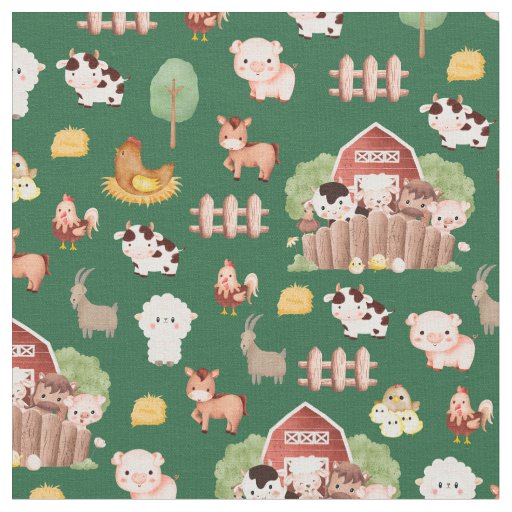 Farm Animals on Hunter Green Fabric