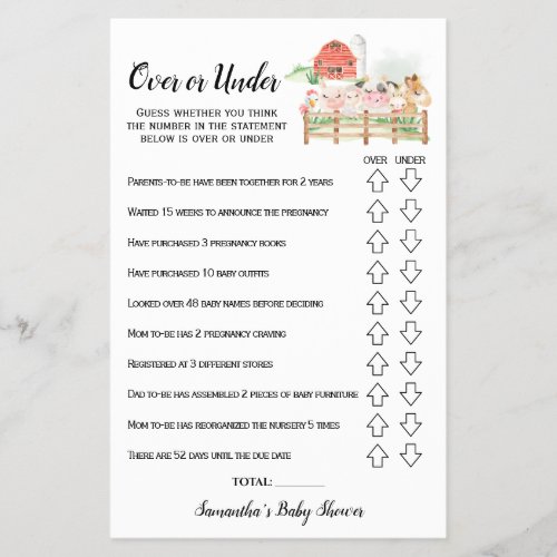Farm Animals Over or Under Baby Shower Game card Flyer