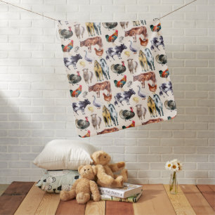 Farm animals pattern watercolor baby blanket