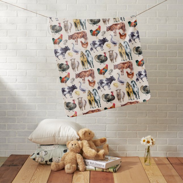 Farm animals pattern watercolor baby blanket (In Situ)