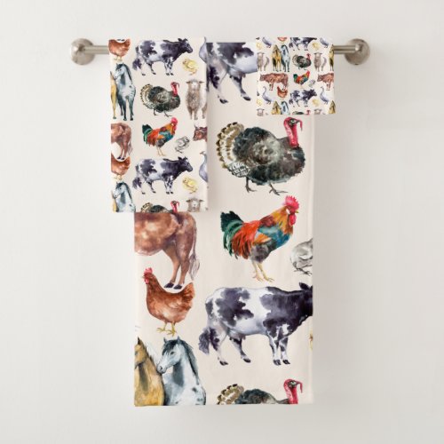 Farm animals pattern watercolor bath towel set