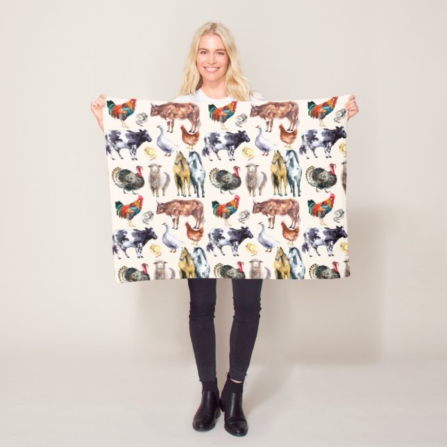 Farm animals pattern watercolor fleece blanket (In Situ)