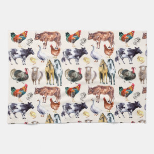 Farm animals pattern watercolor kitchen towel