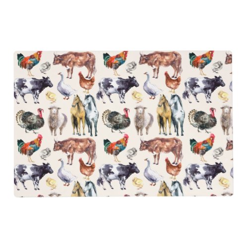 Farm animals pattern watercolor placemat