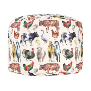 Farm animals pattern watercolor pouf