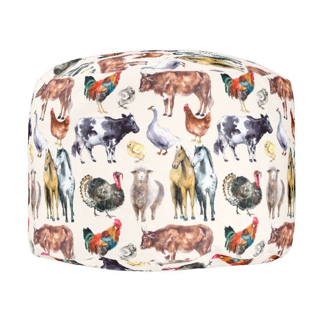 Farm animals pattern watercolor pouf (Right)