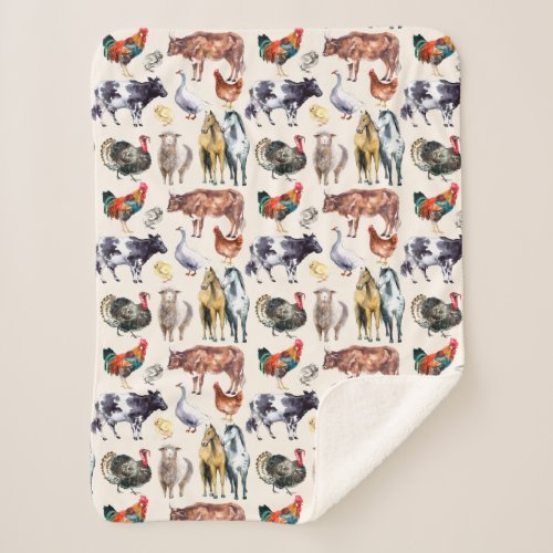 Farm animals pattern watercolor sherpa blanket