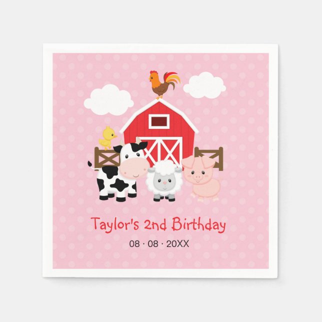 Farm Animals Personalized Birthday (Pink for Girl) Napkins (Front)