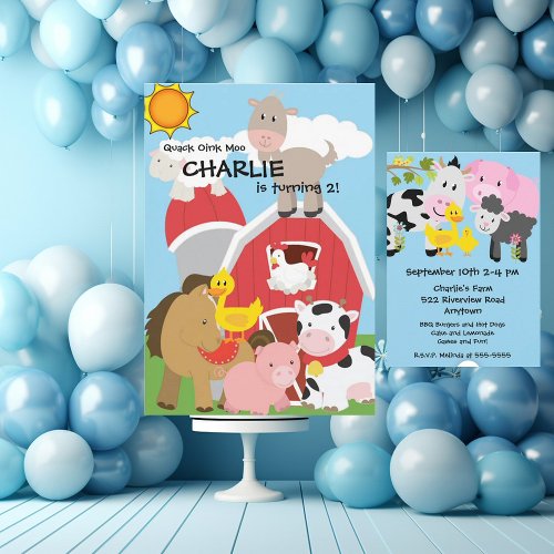 Farm Animals Pig Duck Cow Hay Barn Birthday Invite