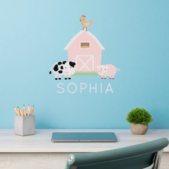 Farm Animals Pink Barn Nursery Kids' Room Name Wall Decal (Home Office 2)