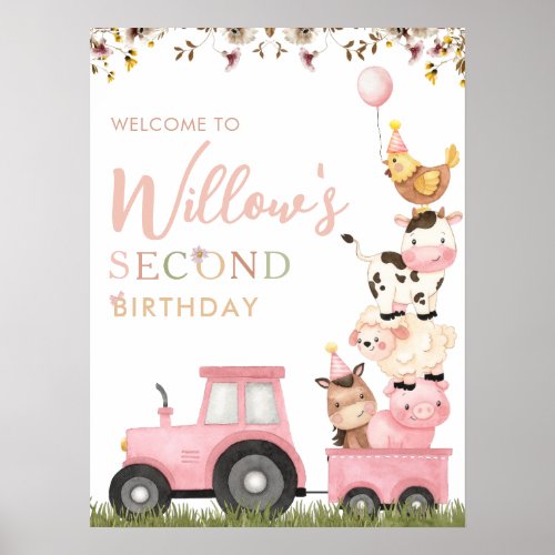 Farm Animals Pink Barnyard Birthday Welcome Poster
