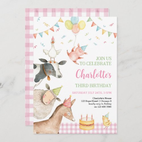 Farm Animals Pink Barnyard Girl 3rd Birthday  Invitation