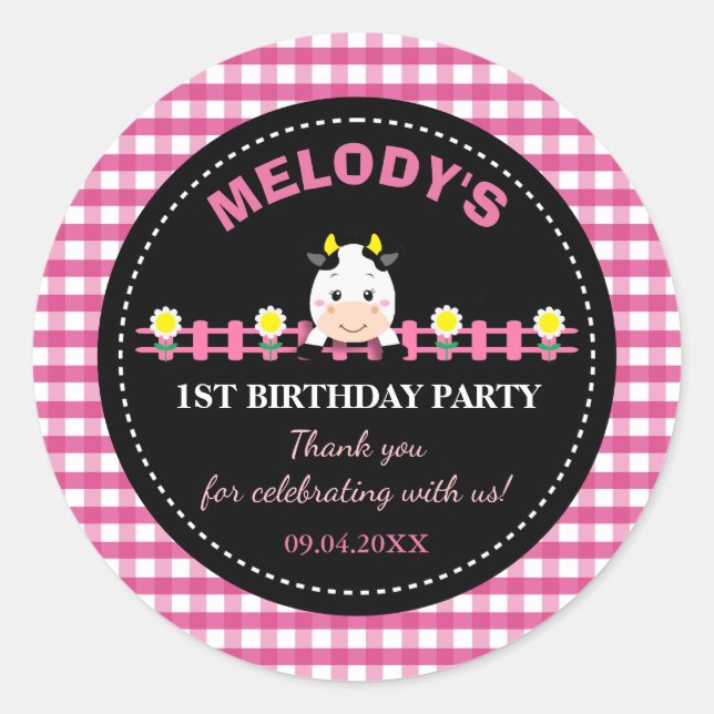 Farm Animals Pink Cow 1st Birthday Party Favor Classic Round Sticker (Front)