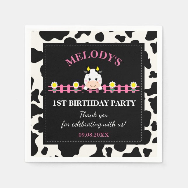 Farm Animals Pink Cow Barnyard 1st Birthday Party  Napkins (Front)