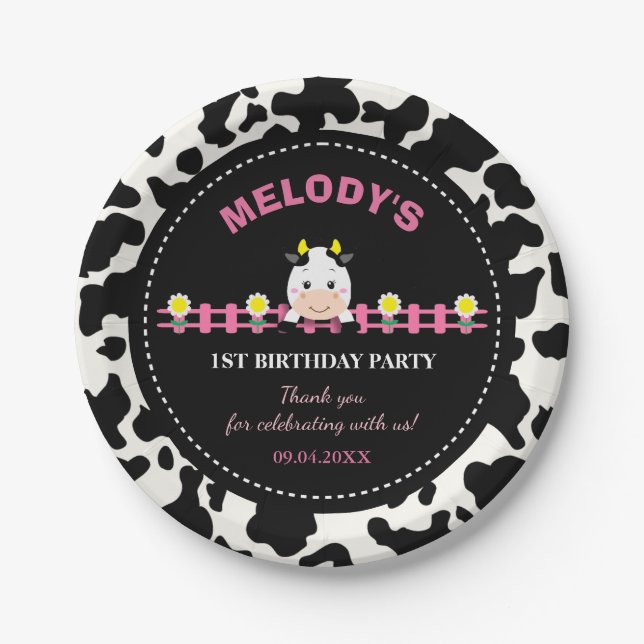 Farm Animals Pink Cow Barnyard 1st Birthday Party  Paper Plates (Front)