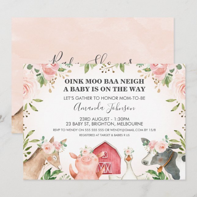 Farm Animals Pink Floral Baby Shower Invitation (Front/Back)