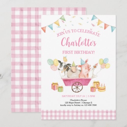 Farm Animals Pink Gingham Girl First Birthday