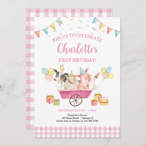 Farm Animals Pink Gingham Girl First Birthday Invitation