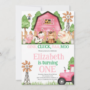 Farm Animals Pink Girl Barnyard Birthday Party Invitation