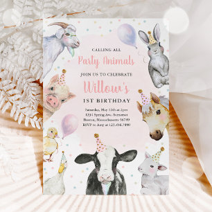 Farm Animals Pink Girl Barnyard Birthday Party Invitation