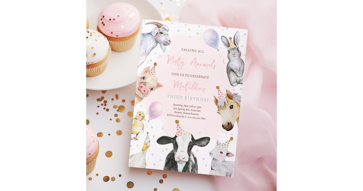 Farm Animals Pink Girl Barnyard Birthday Party Invitation | Zazzle