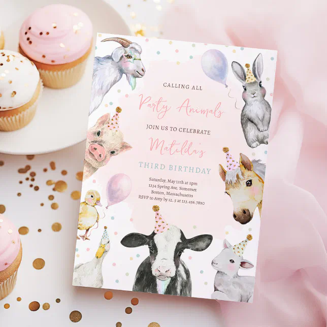 Farm Animals Pink Girl Barnyard Birthday Party Invitation | Zazzle