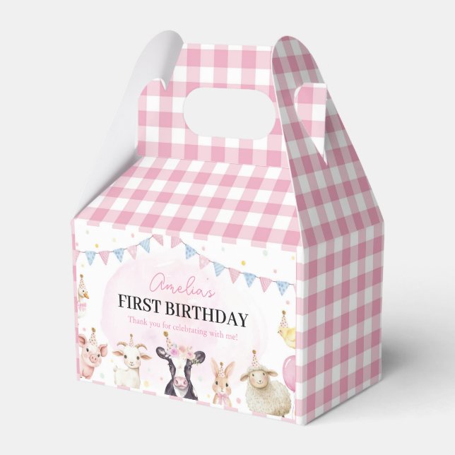 Farm Animals Pink Girl First Birthday Favor Box (Front Side)
