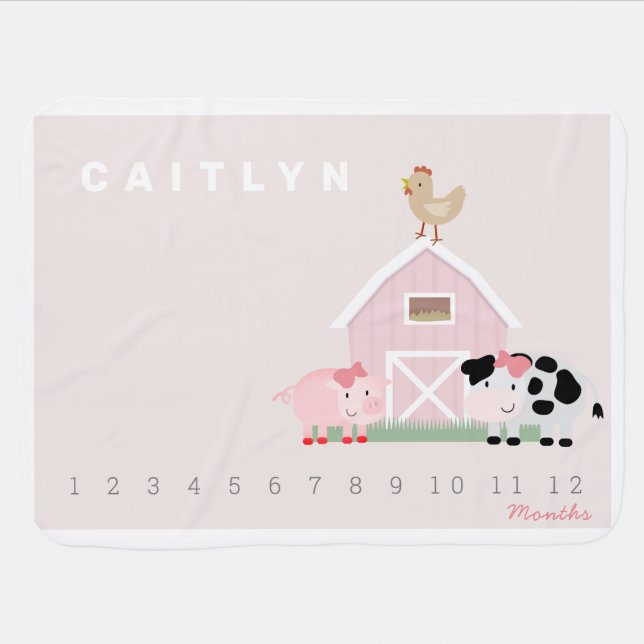 Farm Animals Pink Monthly Milestone baby blanket (Horizontal)