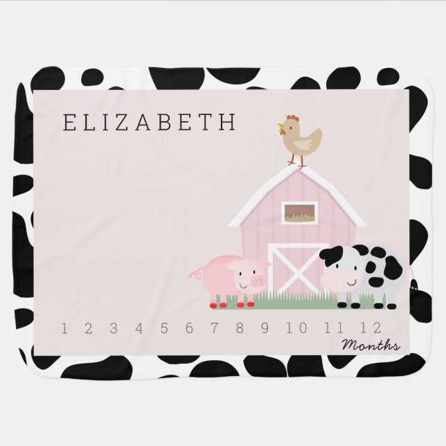 Farm Animals Pink Monthly Milestone baby blanket (Horizontal)