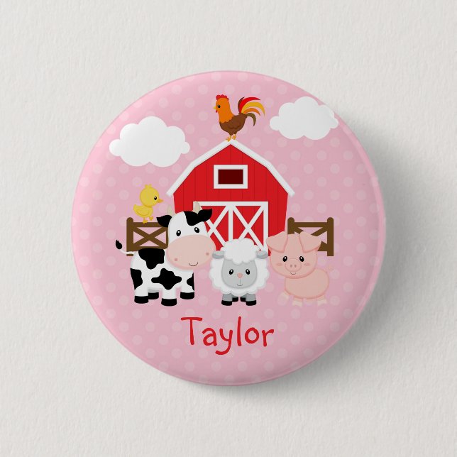 Farm Animals (Pink) Personalized Kids Buttons (Front)