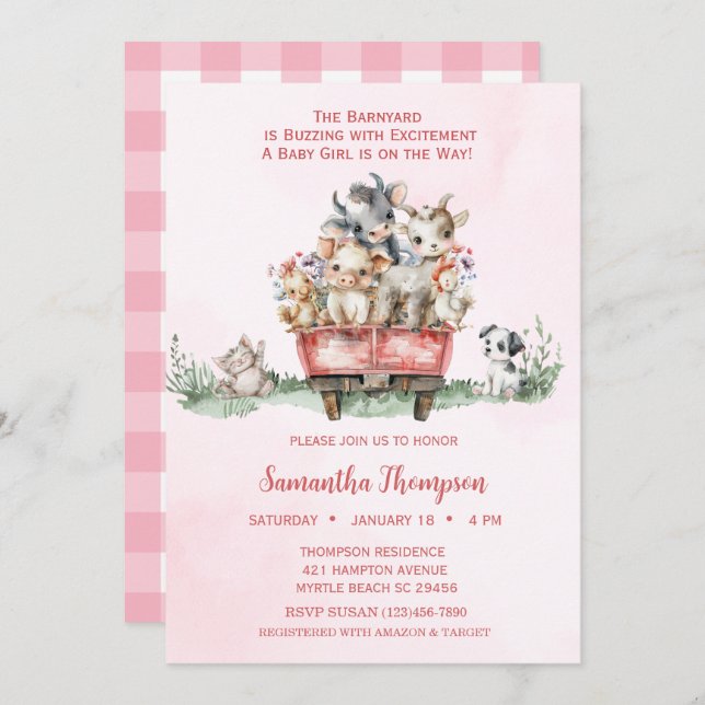 Farm Animals Pink Truck Baby Shower Invitation (Front/Back)