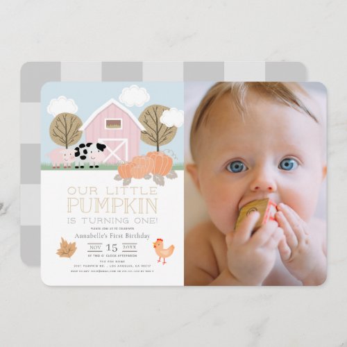 Farm Animals Pumpkin Patch 1st Birthday Photo Invitation