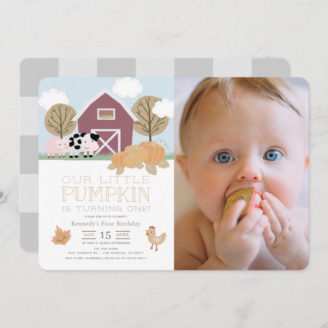 Farm Animals Pumpkin Patch 1st Birthday Photo Invitation (Front/Back)