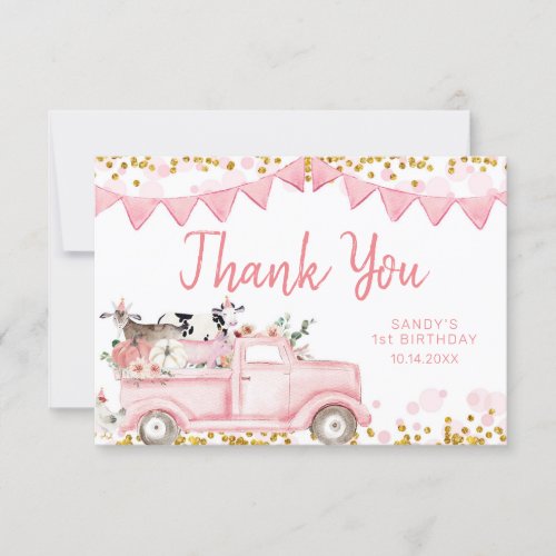Farm Animals Pumpkin Pink Truck Drive By Birthday Thank You Card
