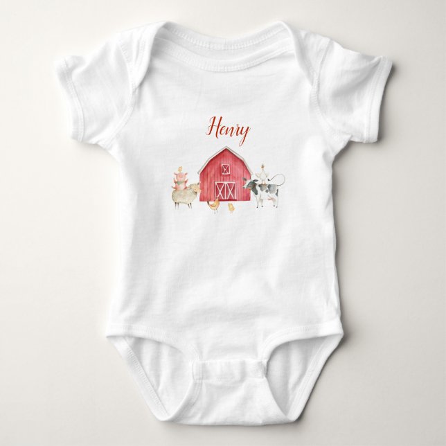 Farm Animals & Red Barn Birthday Party T-Shirt Baby Bodysuit (Front)