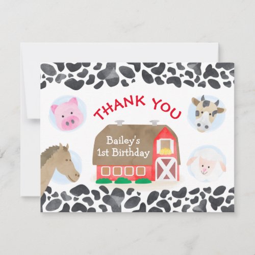 Farm Animals Red Barn Birthday Thank You Card