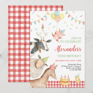 Farm Animals Red Barnyard Girl Boy 3rd Birthday Invitation