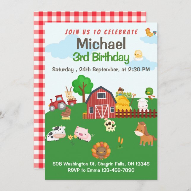 Farm Animals Red Gingham Barnyard Birthday Invitat Invitation (Front/Back)