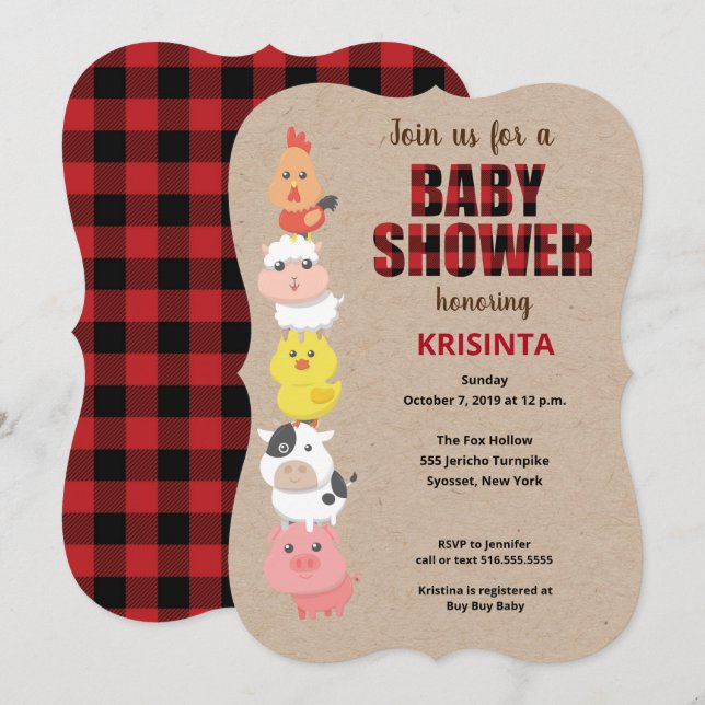 Farm Animals Red Plaid Baby Shower Invitation (Front/Back)