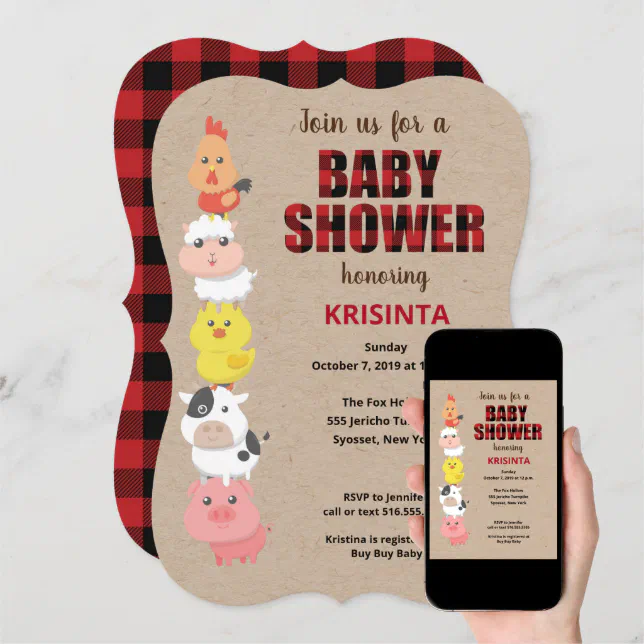 Farm Animals Red Plaid Baby Shower Invitation Zazzle