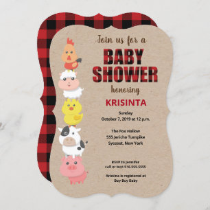 Farm Animals Red Plaid Baby Shower Invitation