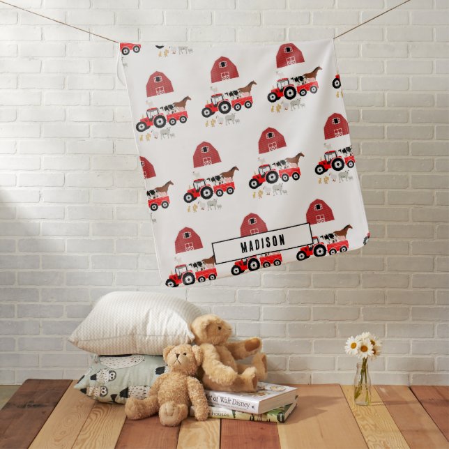 Farm Animals & Red Tractor Barnyard Boys Girls Baby Blanket (In Situ)