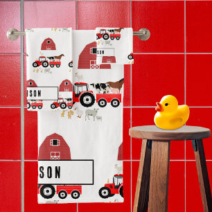Farm Animals & Red Tractor Barnyard Boys Girls Bath Towel Set