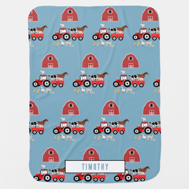 Farm Animals & Red Tractor Barnyard Boys Pattern  Baby Blanket (Front)