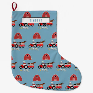Farm Animals & Red Tractor Barnyard Boys Pattern Large Christmas Stocking