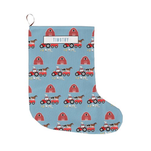 Farm Animals  Red Tractor Barnyard Boys Pattern  Large Christmas Stocking