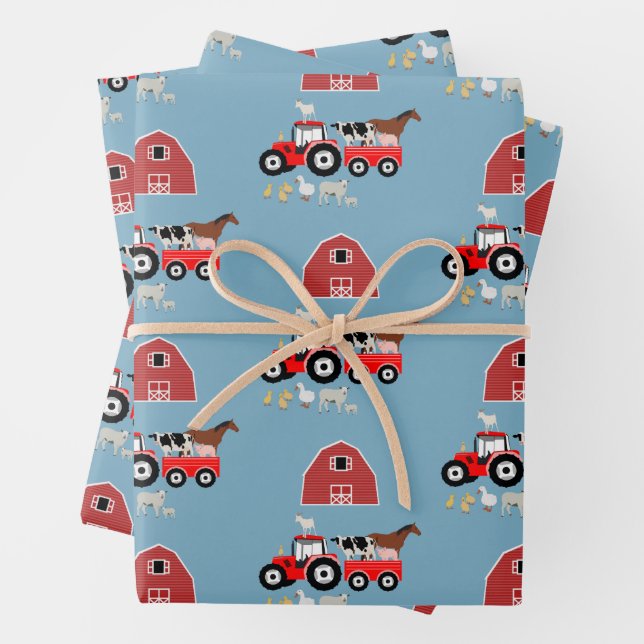 Farm Animals & Red Tractor Barnyard Boys Pattern Wrapping Paper Sheets (In situ)