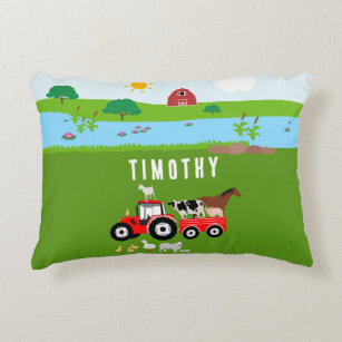 Farm Animals & Red Tractor Barnyard Custom Name Accent Pillow