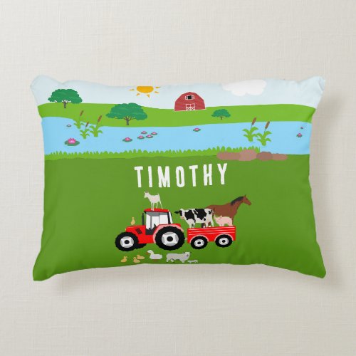 Farm Animals  Red Tractor Barnyard Custom Name Accent Pillow